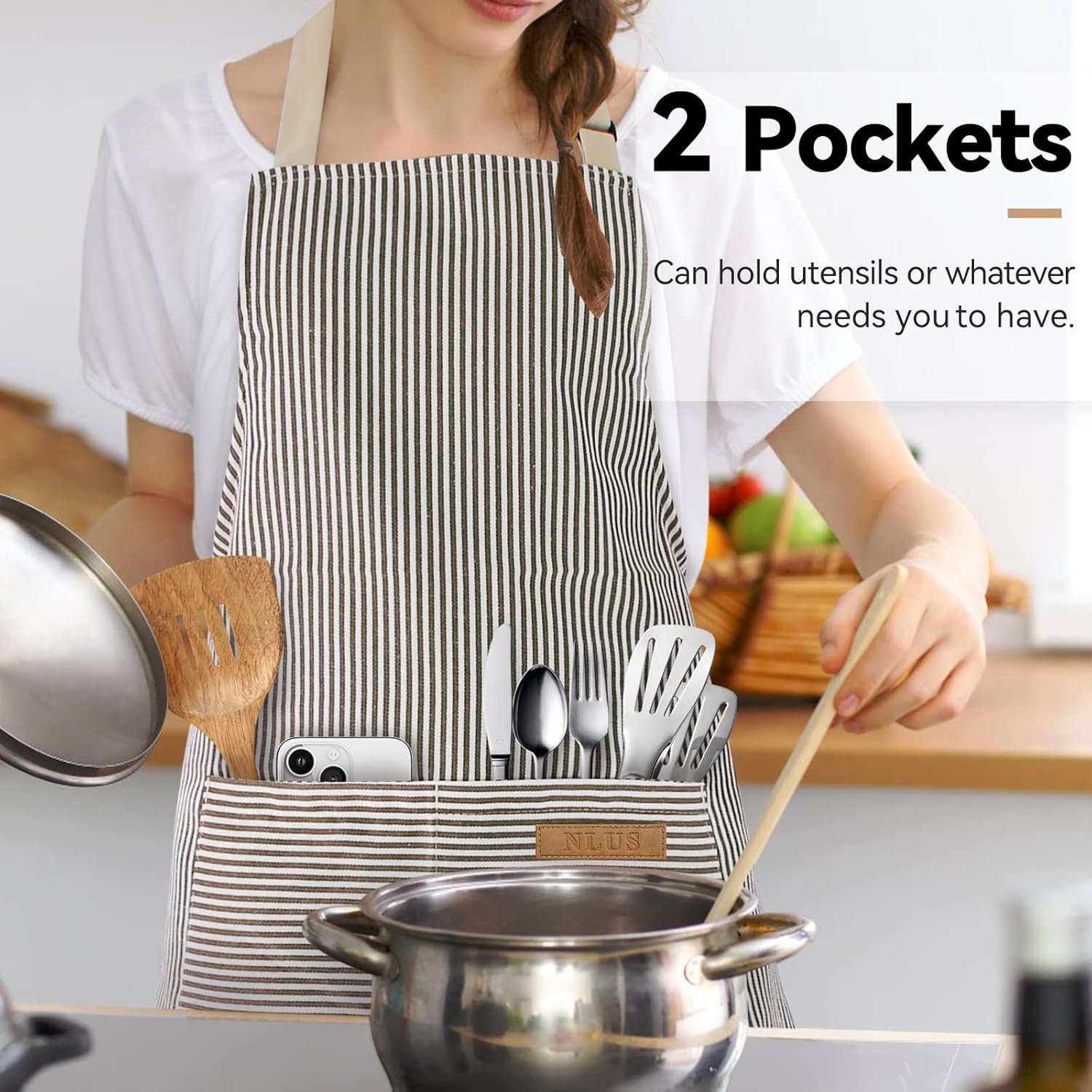 NLUS 2 Pack Cooking Aprons for Women with Pockets, Adjustable Kitchen Bib Aprons Chef Aprons for Women Men(Brown Pinstripes) - Image 2
