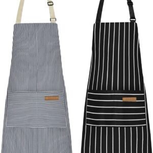 NLUS 2 Pcs Kitchen Cooking Aprons, Poly/Cotton Blend Adjustable Soft Bib Stripe Aprons with 2 Pockets for Women Men Chef (Blue Pinstripes/Black Stripes)