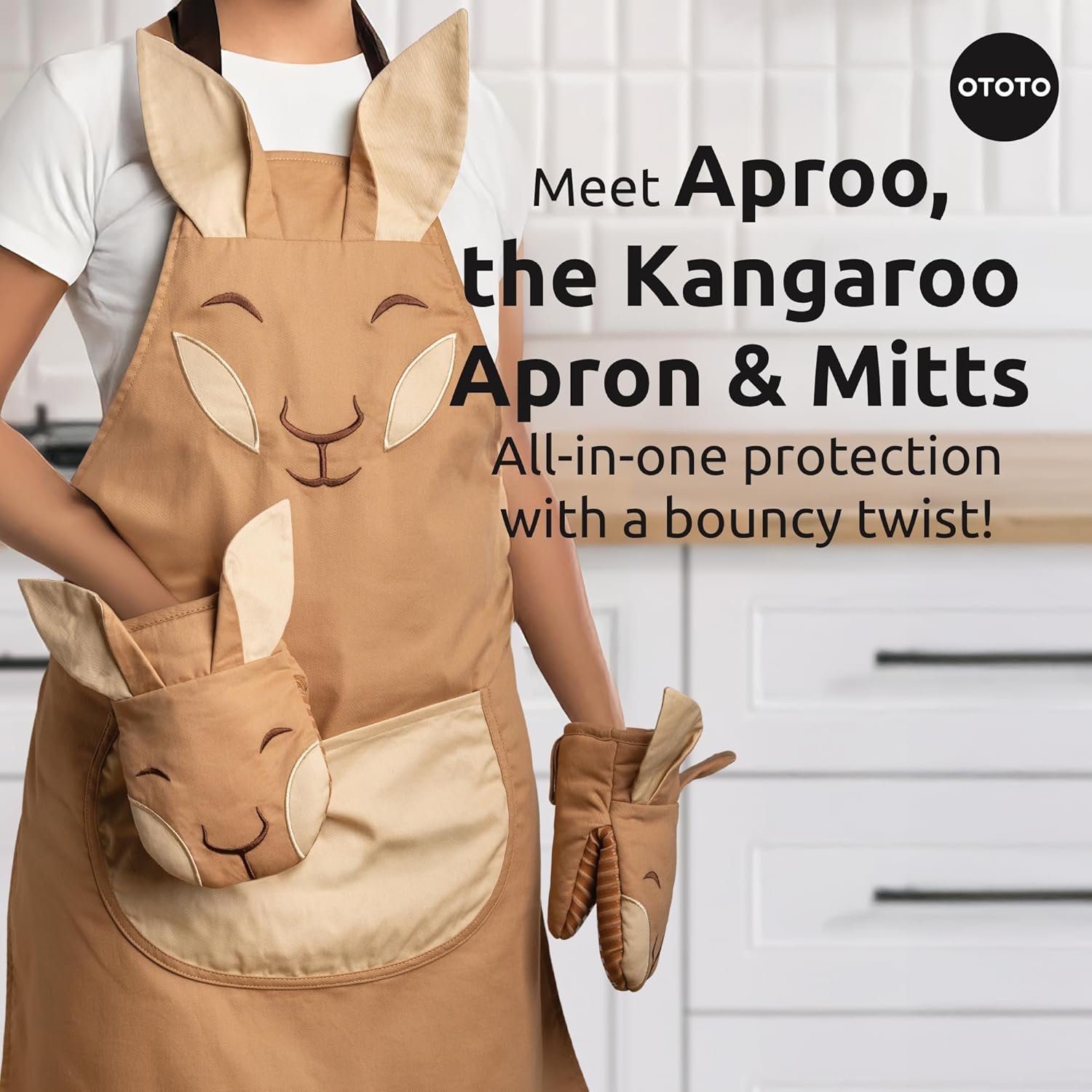 OTOTO Aproo Kitchen Set – Oven Mitts and Chef Apron with Pockets, Cute Cooking Accessories, Funny Kitchen Gift, Kangaroo (Brown Aproo Set) - Image 2