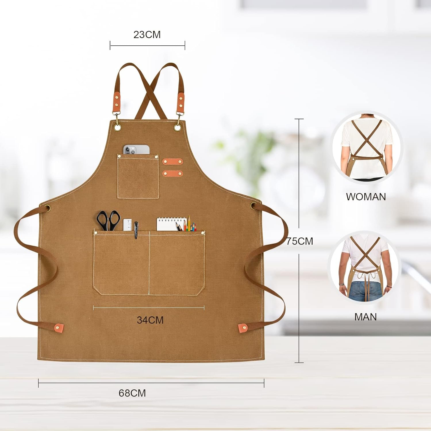 OUNLEN Chef Apron for Men Women Canvas Aprons with 3 Pockets Cross Back Resistant Work Apron for Cooking - Image 2