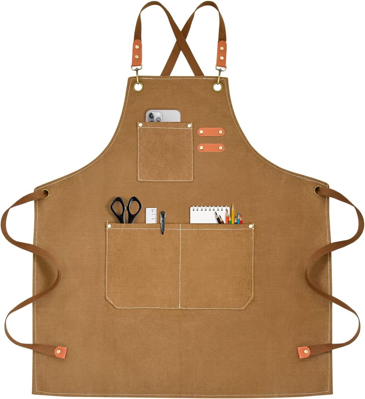 OUNLEN Chef Apron for Men Women Canvas Aprons with 3 Pockets Cross Back Resistant Work Apron for Cooking