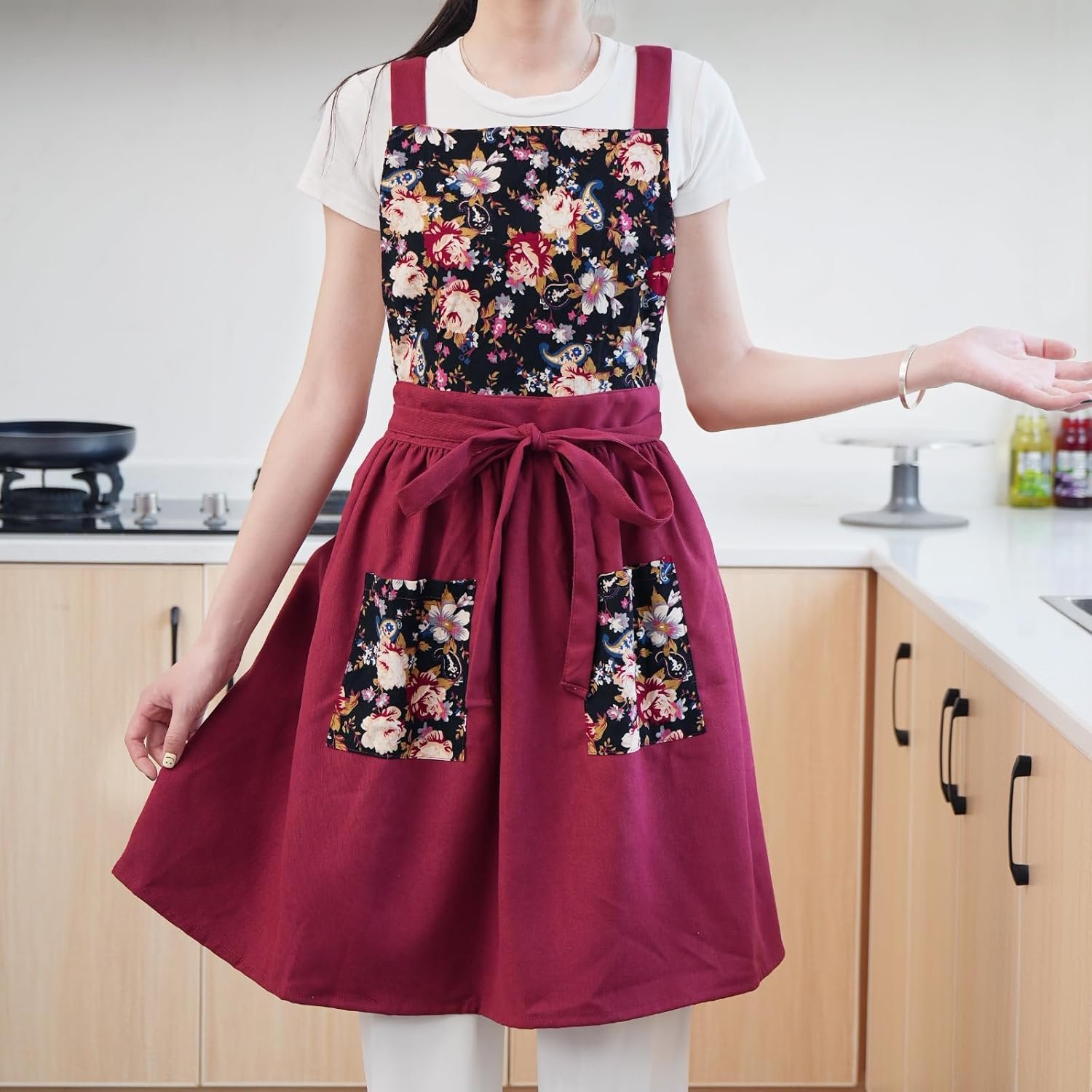 Pinknoke Vintage Pinafore Apron Dress for Women with Pockets Cute Floral Chef Aprons for Kitchen Cooking Baking Gardening - Image 2