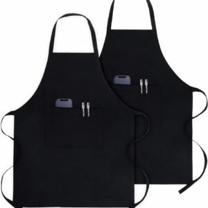 PurpleEssences 2 Pack Adjustable Kitchen Aprons with 2 Pockets 27x32 Inches Cotton Home or Restaurant for Men & Women - Soft Durable - Black