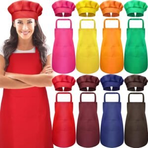 SATINIOR 8 Sets Adult Apron and Chef Hat Set Adjustable Chef Hat and Apron with Pockets for Women Men Gifts