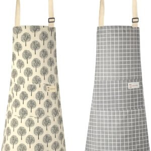 Syhood 2 Pack Aprons with 2 Pocket for Women Men Soft Linen Adjustable Bib Kitchen Cooking Apron for Chefs, Waiters, Baking(Grey Plaid Style)
