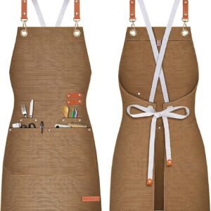 Teskyer Kitchen Cooking Apron with Pockets, Water Oil Resistant, Canvas Cross Back Aprons for Men Women Chef Server