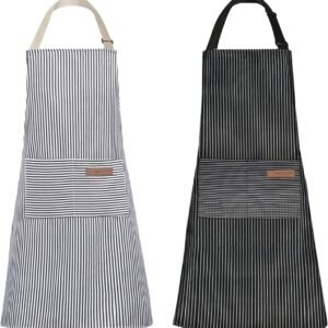 Tosewever 2 Pieces Kitchen Cooking Aprons, Cotton Polyester Blend Adjustable Bib Aprons with 2 Pockets for Women Men Chef Chef (Navy/Black Stripes, 2)