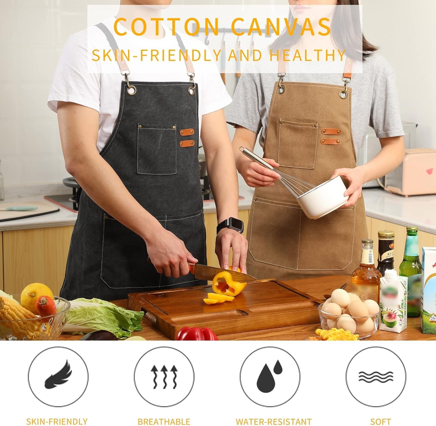 Tosewever Canvas Cross Back Chef Cotton Aprons for Men Women with Large Pockets - Image 2