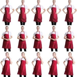 Total 15 PCS Deep Red Plain Deep Red Bib Apron for Women Men Adult with 2 Front Pockets-Painting Baking Cooking Kitchen Apron for Women Girls-(Wine,15pcs)