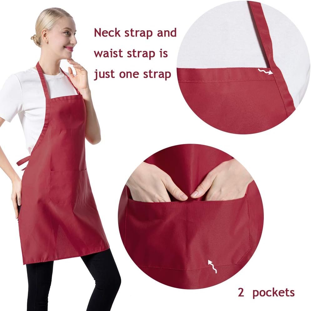 Total 15 PCS Deep Red Plain Deep Red Bib Apron for Women Men Adult with 2 Front Pockets-Painting Baking Cooking Kitchen Apron for Women Girls-(Wine,15pcs) - Image 2