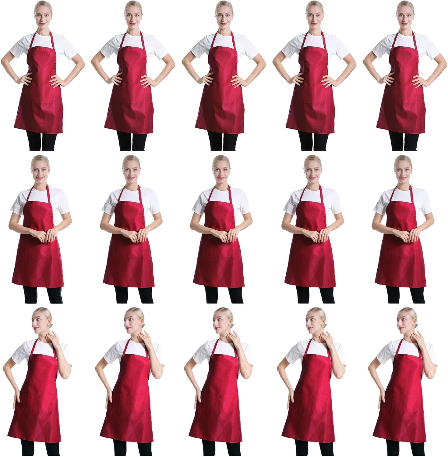 Total 15 PCS Deep Red Plain Deep Red Bib Apron for Women Men Adult with 2 Front Pockets-Painting Baking Cooking Kitchen Apron for Women Girls-(Wine,15pcs)