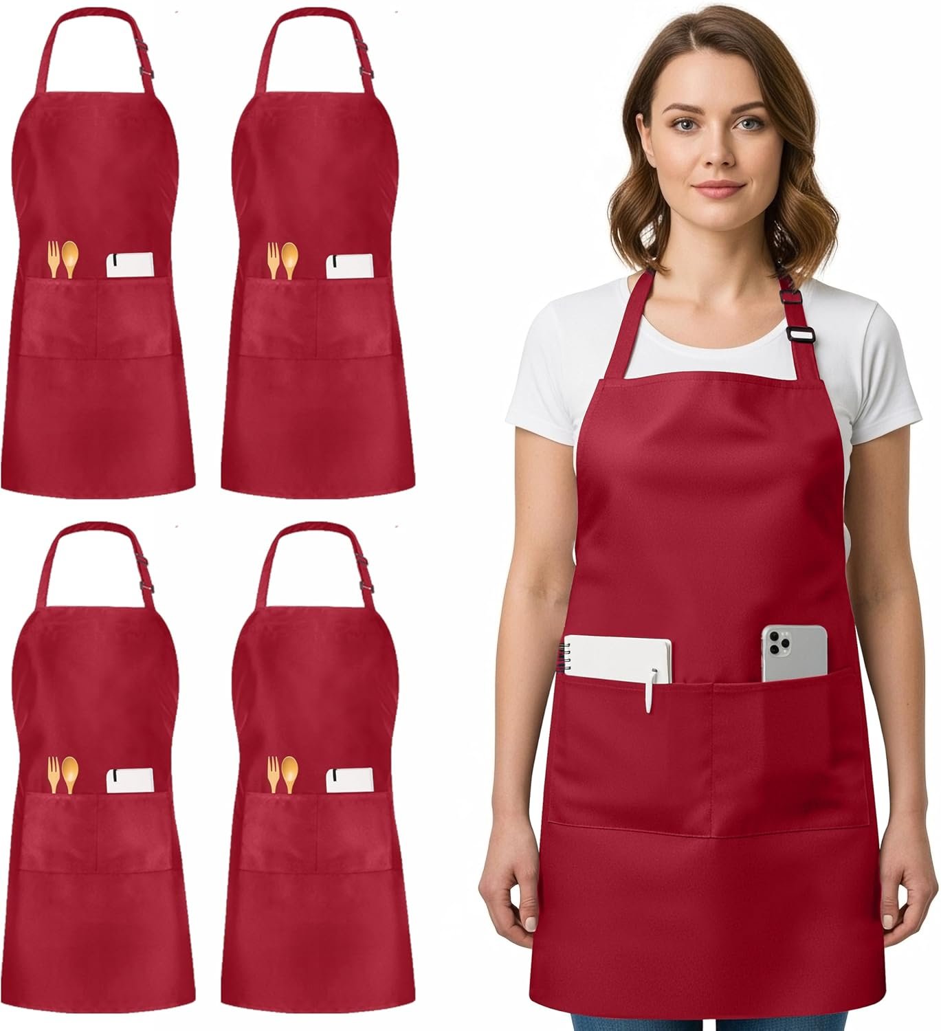 Utopia Kitchen 4 Pack Bib Apron Adjustable with 2 Pockets, Water and Oil Resistant, Cooking Kitchen Chef Apron for Women Men