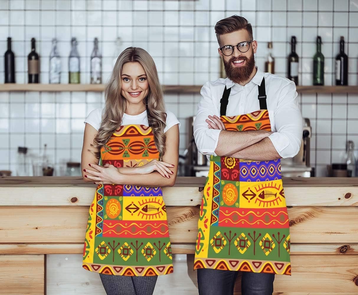 WONDERTIFY Abstract Ethnic Ornaments Design Apron,Colorful Vintage Native Tribal African Exotic Green Yellow Brown Red Bib Apron with Adjustable Neck for Men Women,Suitable for Home Kitchen BBQ Apron - Image 2