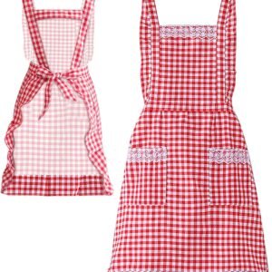 Women Classic Vintage Apron, Red and White Gingham Cotton Apron, Home Kitchen Chef Bib