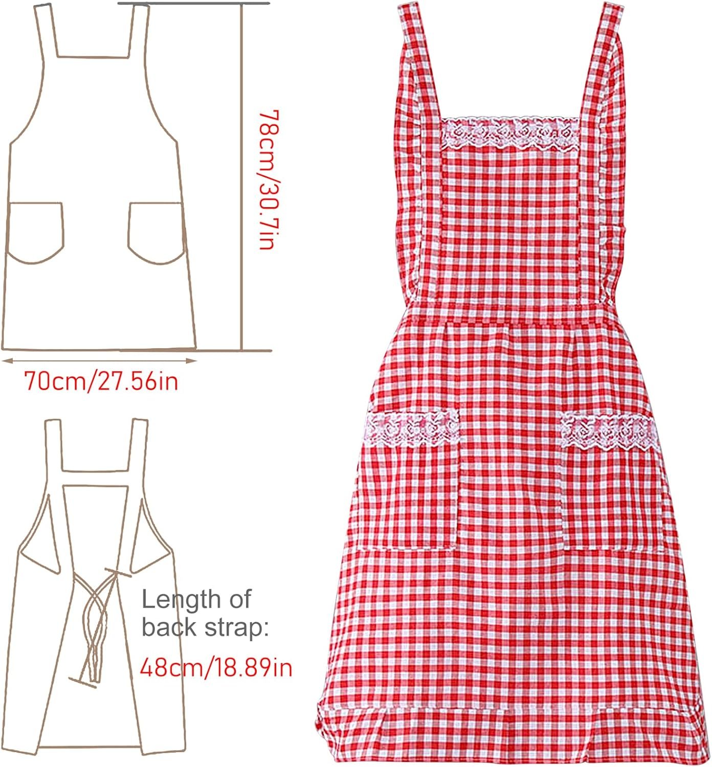 Women Classic Vintage Apron, Red and White Gingham Cotton Apron, Home Kitchen Chef Bib - Image 2