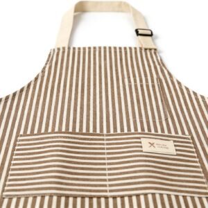Women's Polyester Kitchen Apron with Striped Linen Look Lightweight Breathable Bib Apron for Cooking Baking