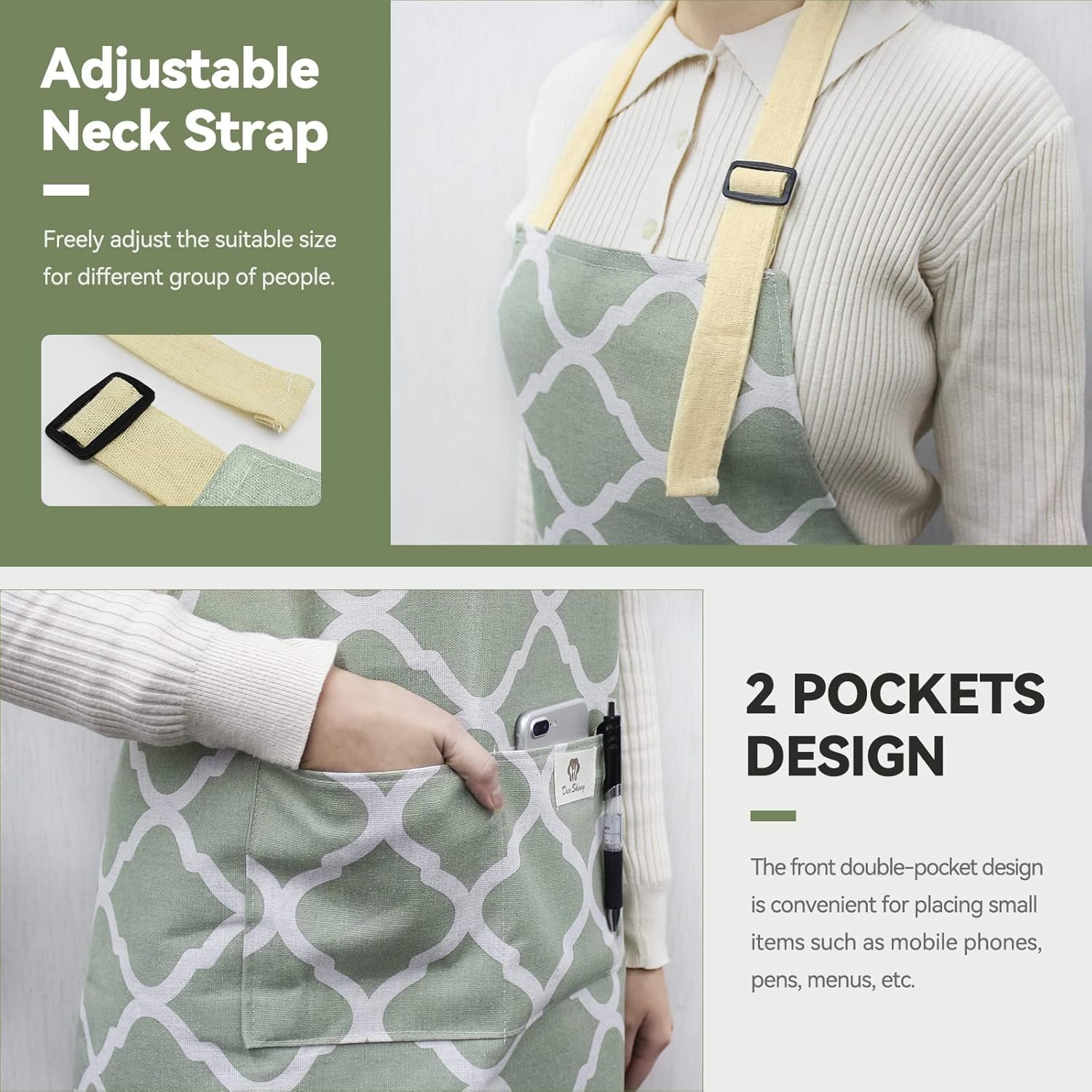 NLUS 2 Pack Kitchen Cooking Aprons, Adjustable Bib Waterproof Chef Apron with 2 Pockets for Men Women(Green Plaid/Grey Plaid) - Image 3