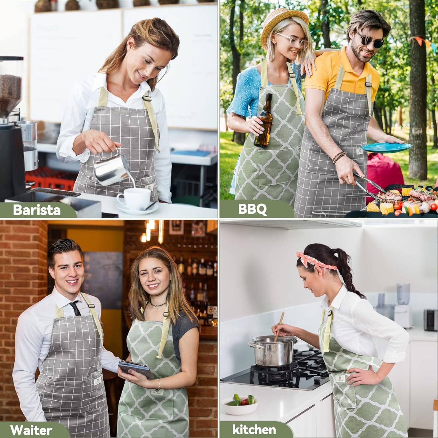 NLUS 2 Pack Kitchen Cooking Aprons, Adjustable Bib Waterproof Chef Apron with 2 Pockets for Men Women(Green Plaid/Grey Plaid) - Image 7