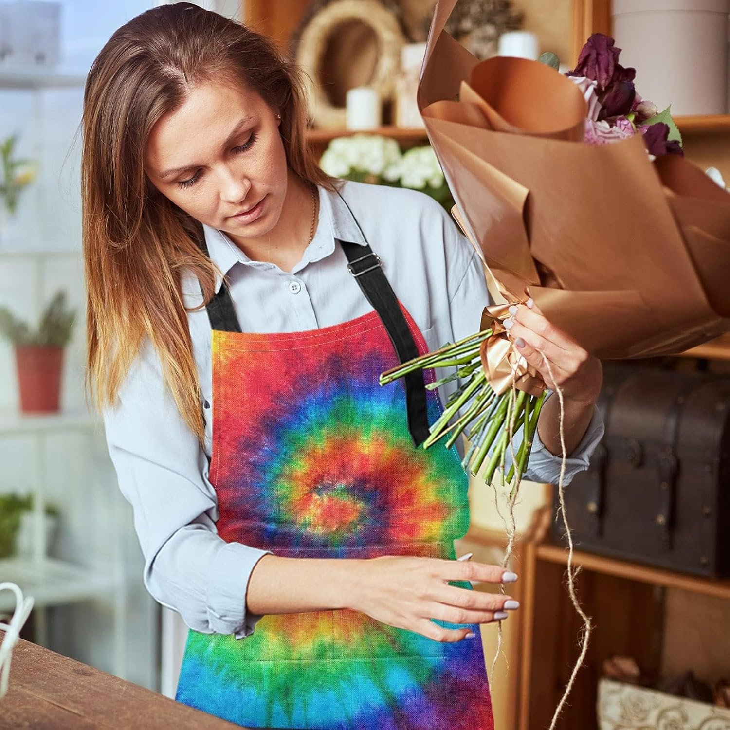 Britimes Apron Home Kitchen Cooking Baking Gardening for Women Men with Pockets Tie dye 32x28 inch - Image 5