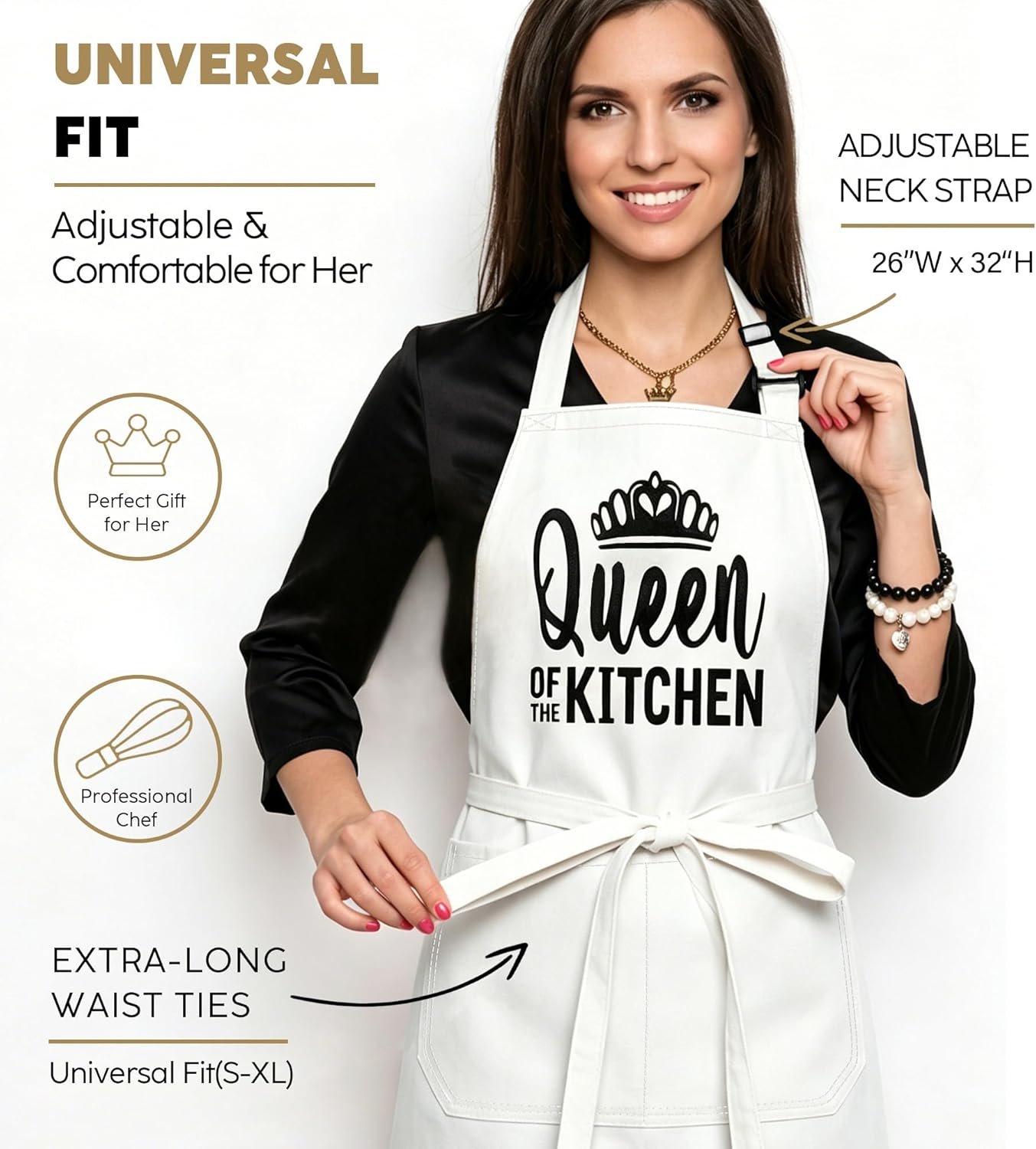 Kitchen Apron Gift for Women - Queen of the Kitchen Apron with 2 Pockets, Funny Birthday mothers day Gifts for Mom Wife - Water & Oil Resistant Protective Fabric, Adjustable Professional Chef Apron - Image 3