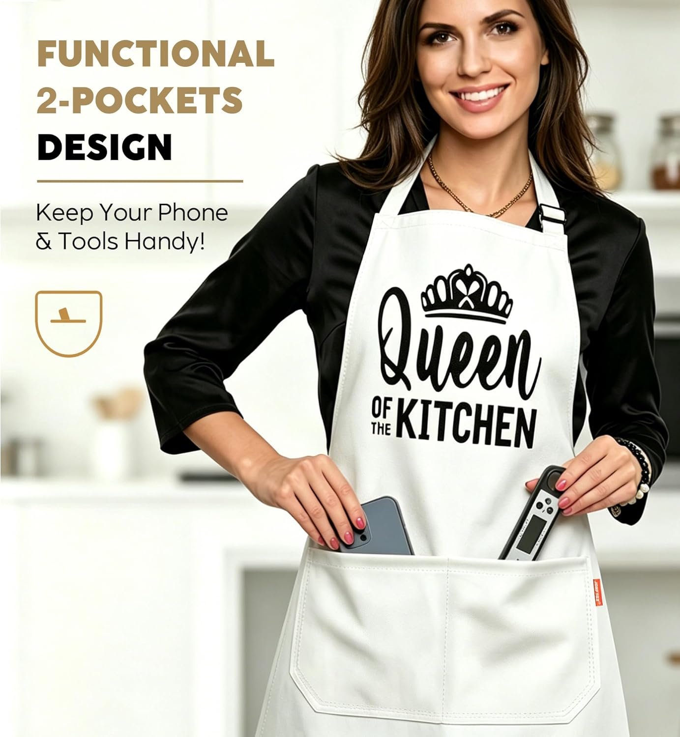 Kitchen Apron Gift for Women - Queen of the Kitchen Apron with 2 Pockets, Funny Birthday mothers day Gifts for Mom Wife - Water & Oil Resistant Protective Fabric, Adjustable Professional Chef Apron - Image 4