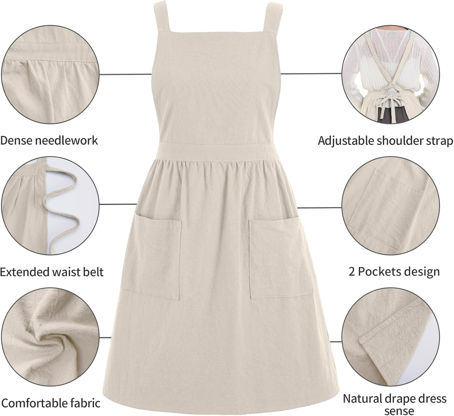 Pinknoke Cotton Linen Pinafore Apron Dress for Women with Pockets Cute Art Chef Aprons for Kitchen Baking Gardening Painting - Image 7