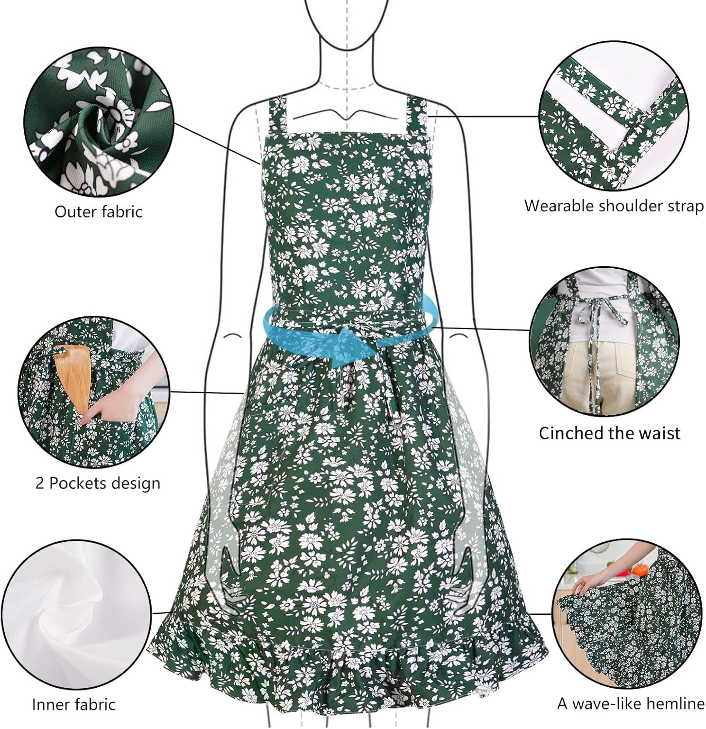 Pinknoke Vintage Pinafore Apron Dress for Women with Pockets Cute Floral Chef Aprons for Kitchen Cooking Baking Gardening - Image 4