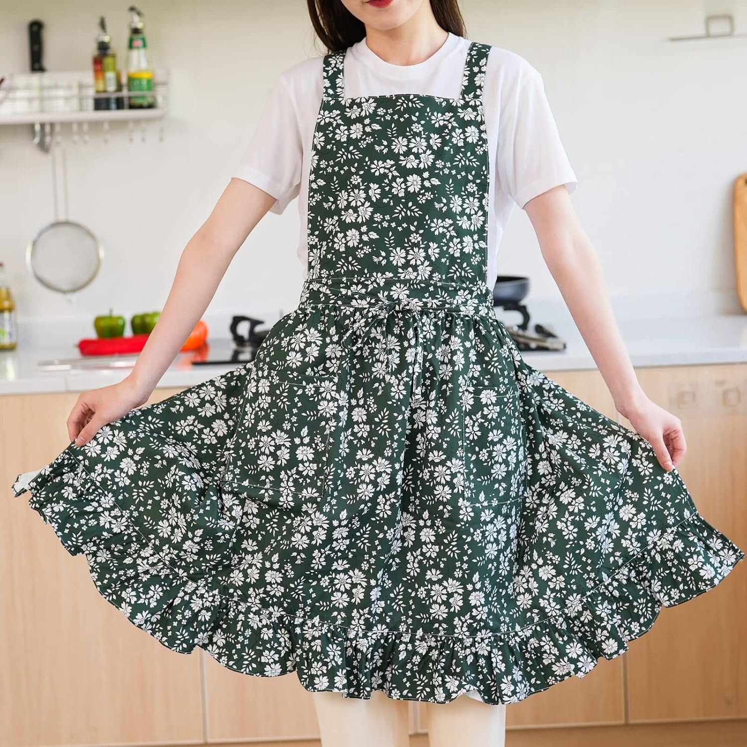 Pinknoke Vintage Pinafore Apron Dress for Women with Pockets Cute Floral Chef Aprons for Kitchen Cooking Baking Gardening - Image 9