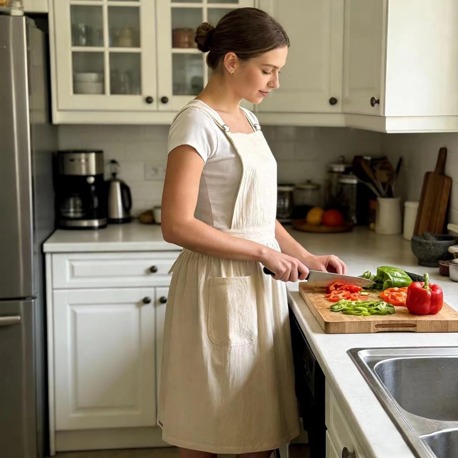 Apron for Women with Pockets Cotton Linen Metal Clip Adjust Kitchen Cooking Baking Gardening Dress Chef Apron - Image 4