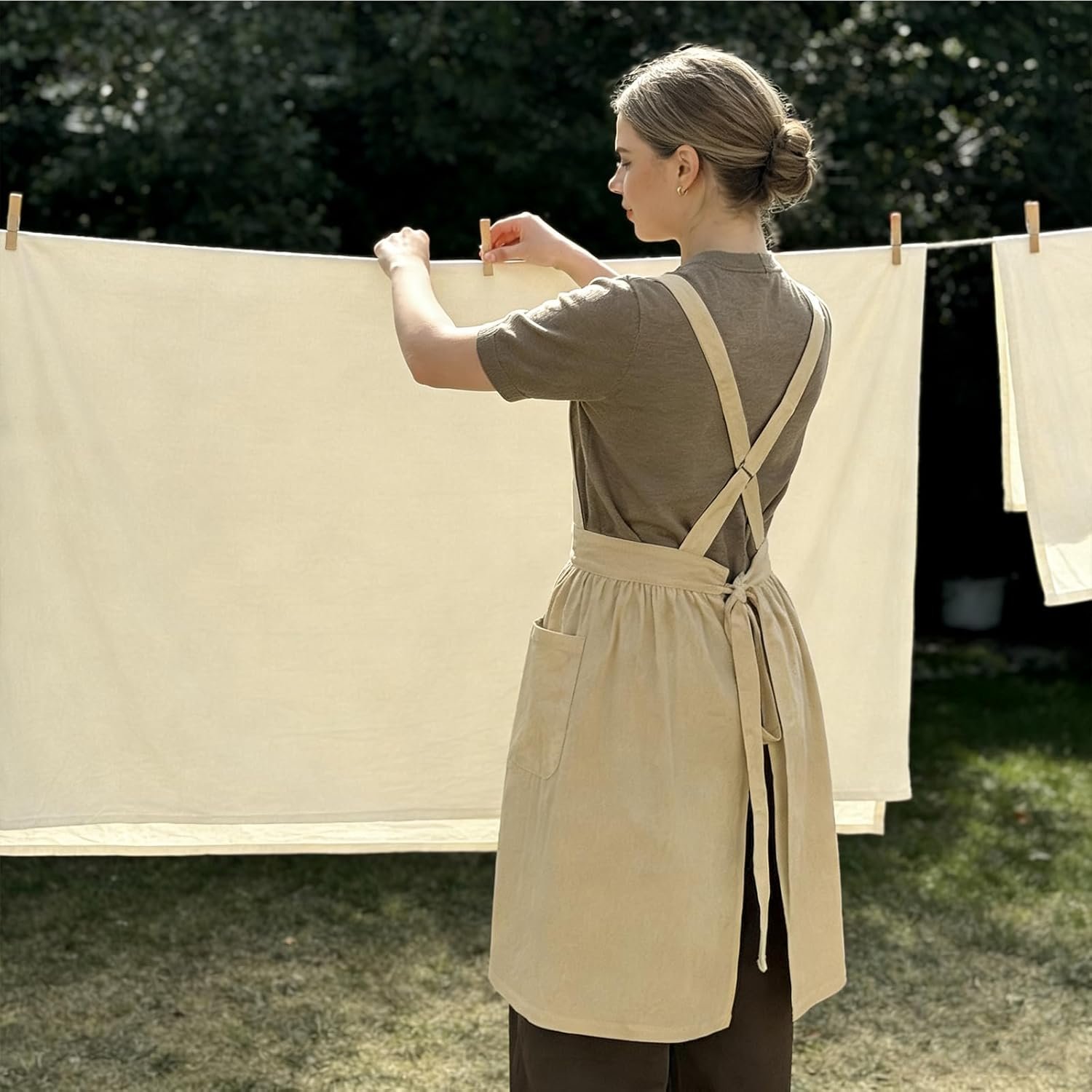 Apron for Women with Pockets Cotton Linen Metal Clip Adjust Kitchen Cooking Baking Gardening Dress Chef Apron - Image 5