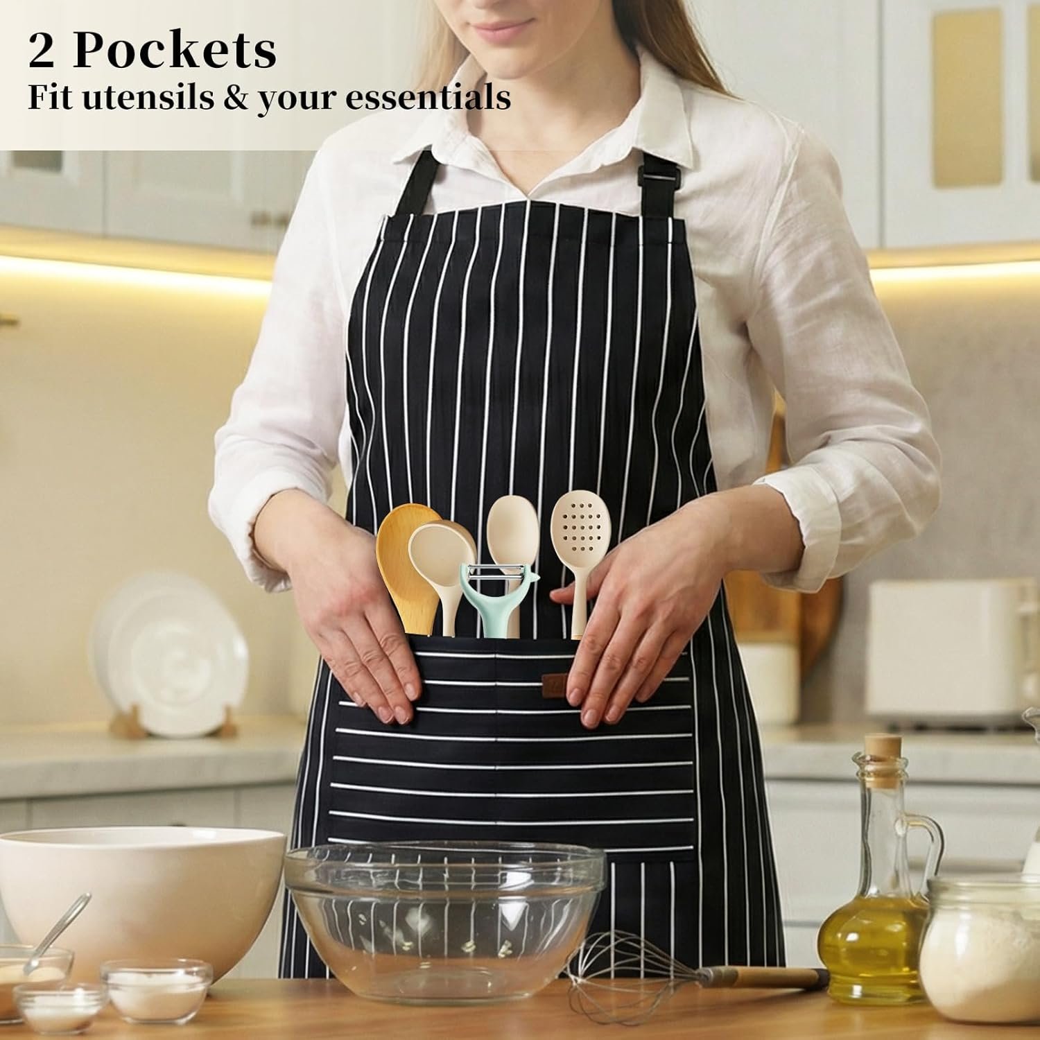 2 Pack Cooking Aprons Adjustable Bib Apron for Women with 2 Pockets, Kitchen Restaurant Men Chefs Aprons - Image 6
