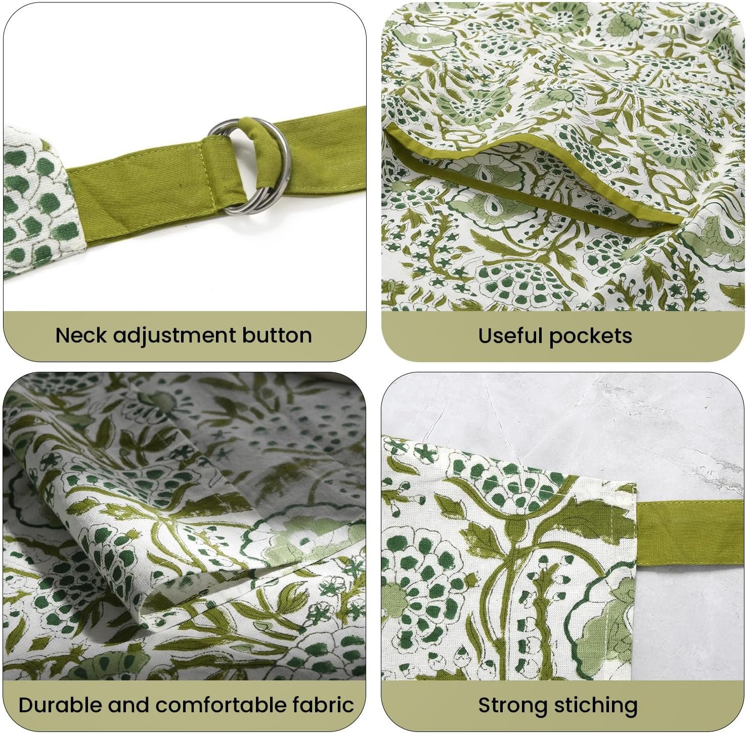 CPC Cotton Floral Kitchen Apron for women with Pocket and Adjustable Neck Ties. Apron for Women Men Chef-Hand Block Printed - Image 3