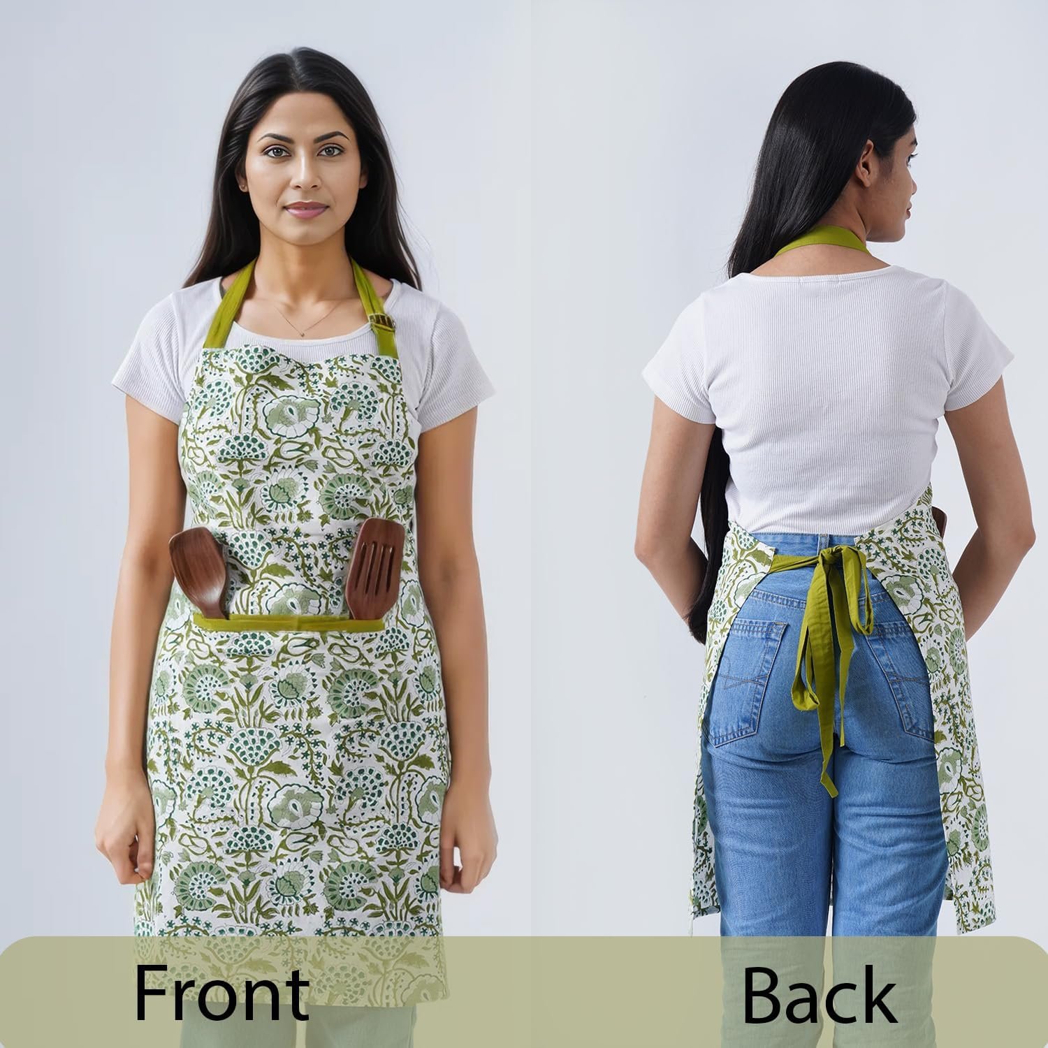 CPC Cotton Floral Kitchen Apron for women with Pocket and Adjustable Neck Ties. Apron for Women Men Chef-Hand Block Printed - Image 7