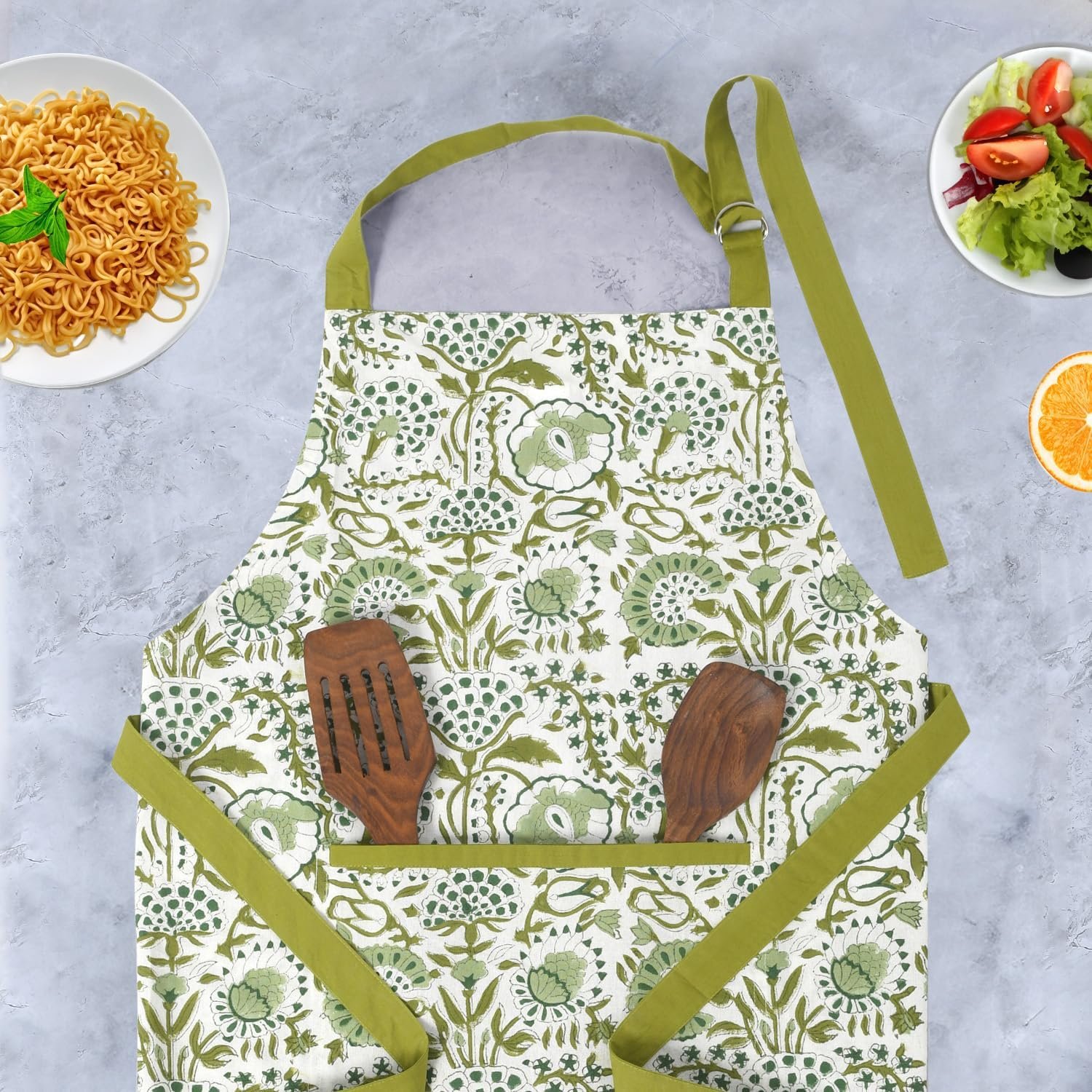 CPC Cotton Floral Kitchen Apron for women with Pocket and Adjustable Neck Ties. Apron for Women Men Chef-Hand Block Printed - Image 8