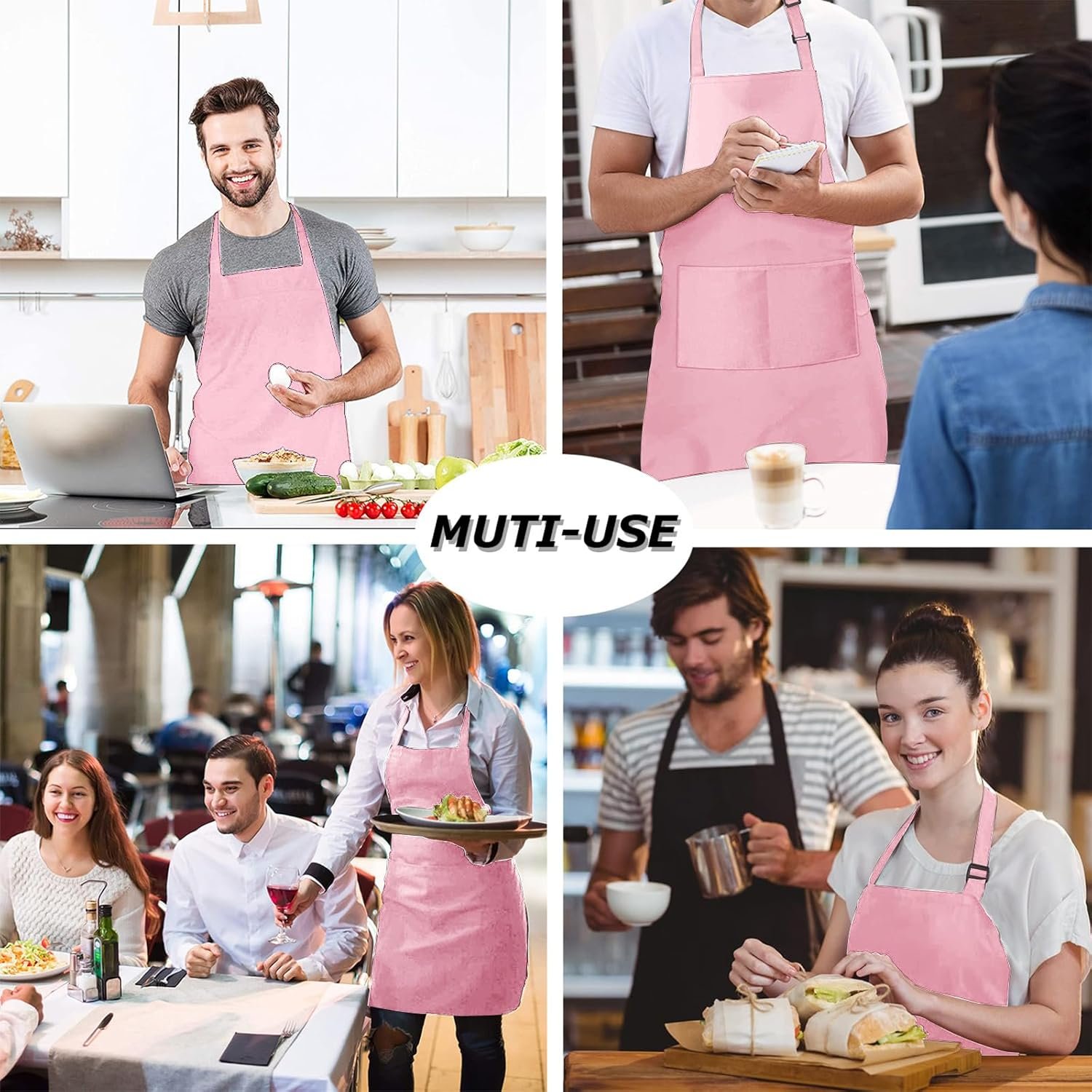 4 Packs Chef Apron with 2 Pockets, Waterproof Adjustable Apron for Men Women Perfect for Kitchen Cooking Baking Gardening Restaurant BBQ Coffee House, Professional Apron (Pink) - Image 4