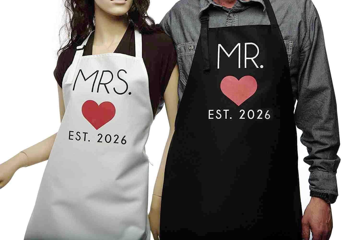 GSM Brands Mr. and Mrs. Couples Kitchen Aprons (2-Piece Set) Cute Cooking Bibs for Newlyweds - Image 6