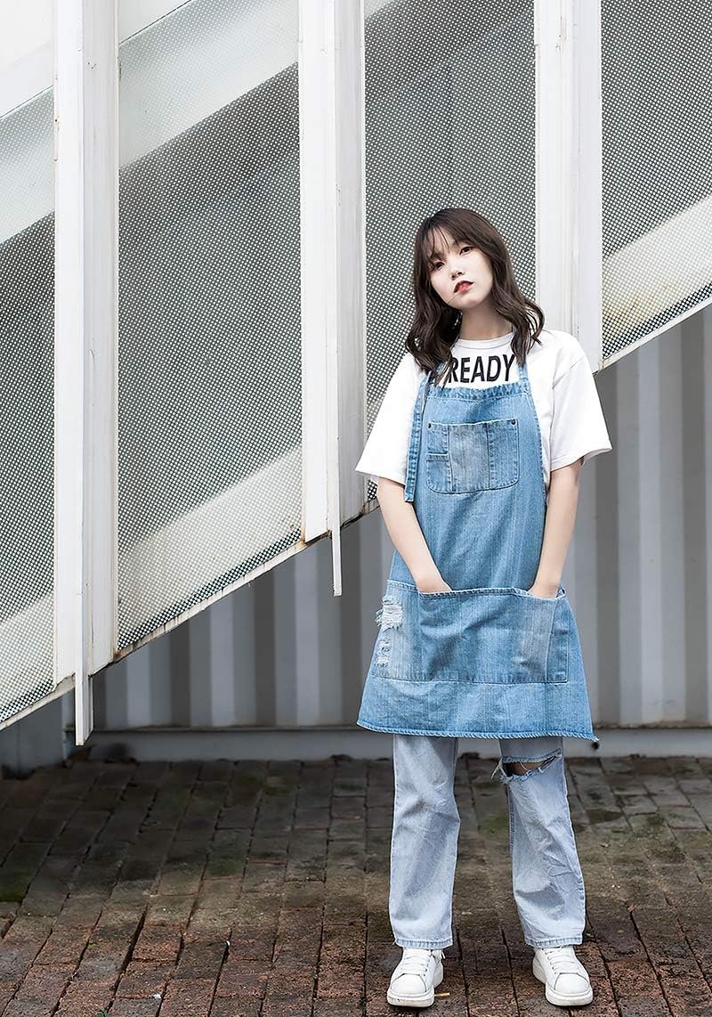 Cotton Denim Apron Soft - Unisex Adjustable Bib Apron with 5-Pockets Perfect for Kitchens - Image 3