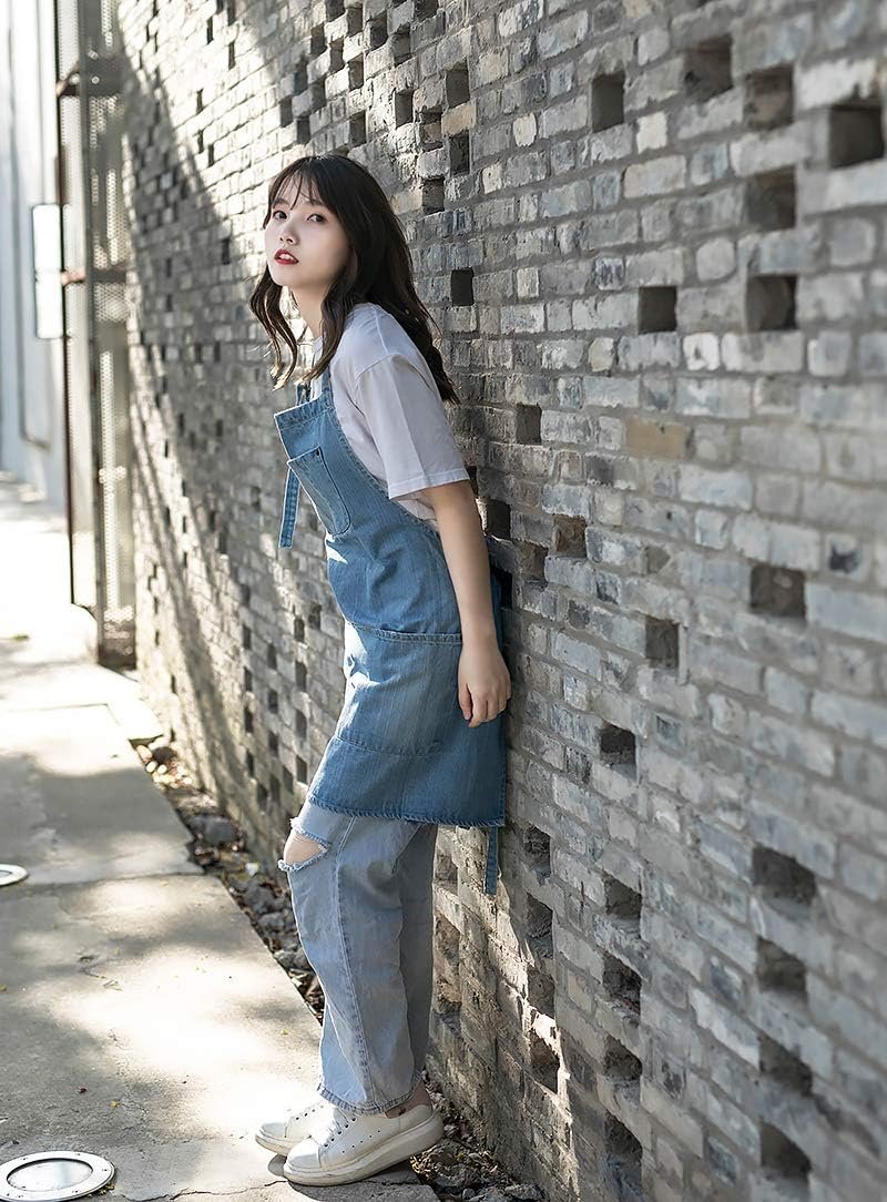 Cotton Denim Apron Soft - Unisex Adjustable Bib Apron with 5-Pockets Perfect for Kitchens - Image 4
