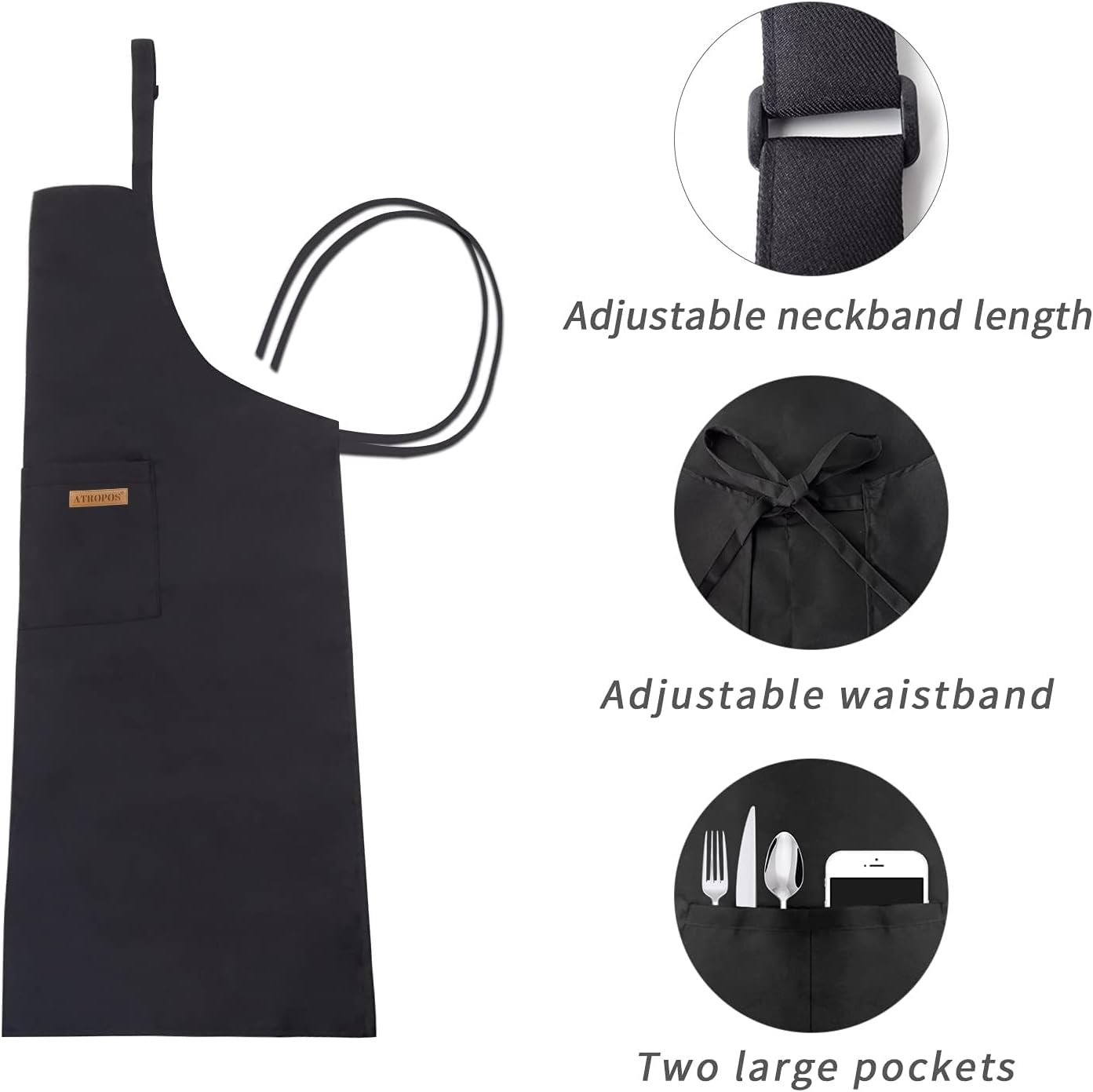 ATROPOS 2 Pack Black Adjustable Bib Cooking Apron Waterdrop Resistant with 2 Pockets Aprons for Men Women - Suit for Kitchen And Outdoor BBQ (35.8IN x 26.8IN Black) - Image 3