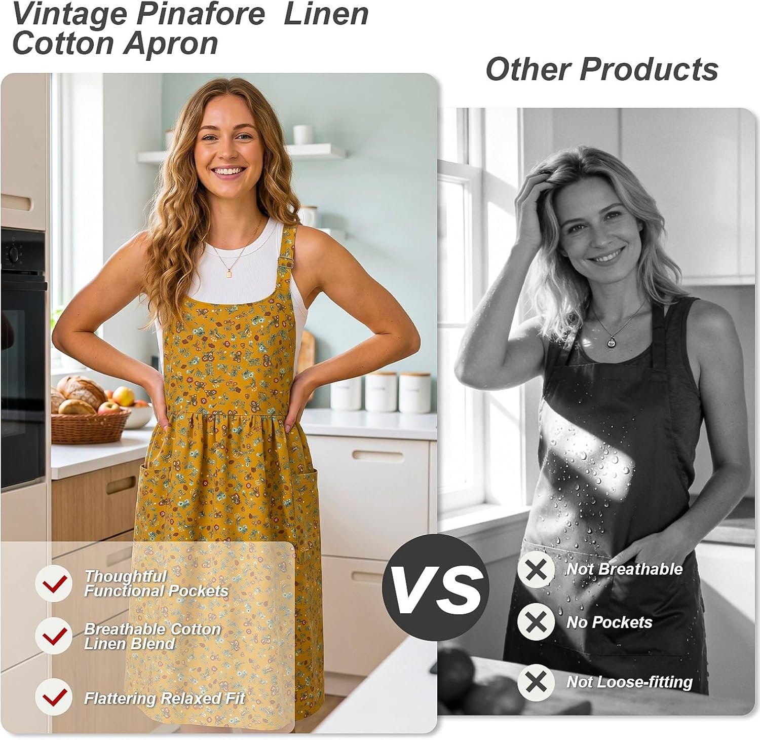 Apron for Women Cotton Linen with Large Pockets Floral No Waist Tie Kitchen Cooking Baking Gardening Aprons Dress - Image 7
