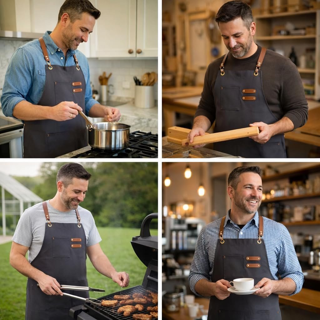 Chef Aprons for Men Canvas Apron with Large Pockets and Adjustable Neck Strap for Cooking,BBQ, Gardening - Image 6