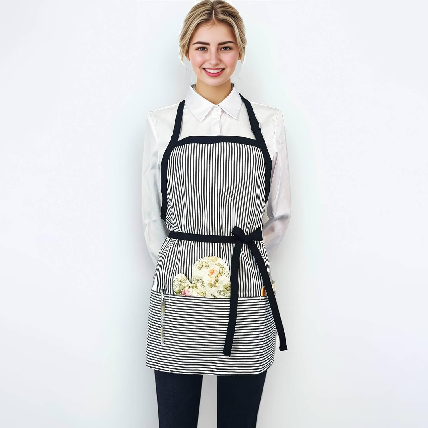 Chef Apron Striped Waitress Apron Kitchen Cooking Women Short Apron Adjustable Halter Cute Apron - Image 3