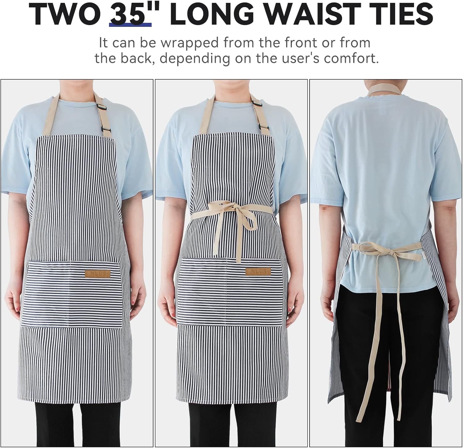 NLUS 2 Pack Cooking Aprons for Women with Pockets, Adjustable Kitchen Bib Aprons Chef Aprons for Women Men(Blue Pinstripes) - Image 5