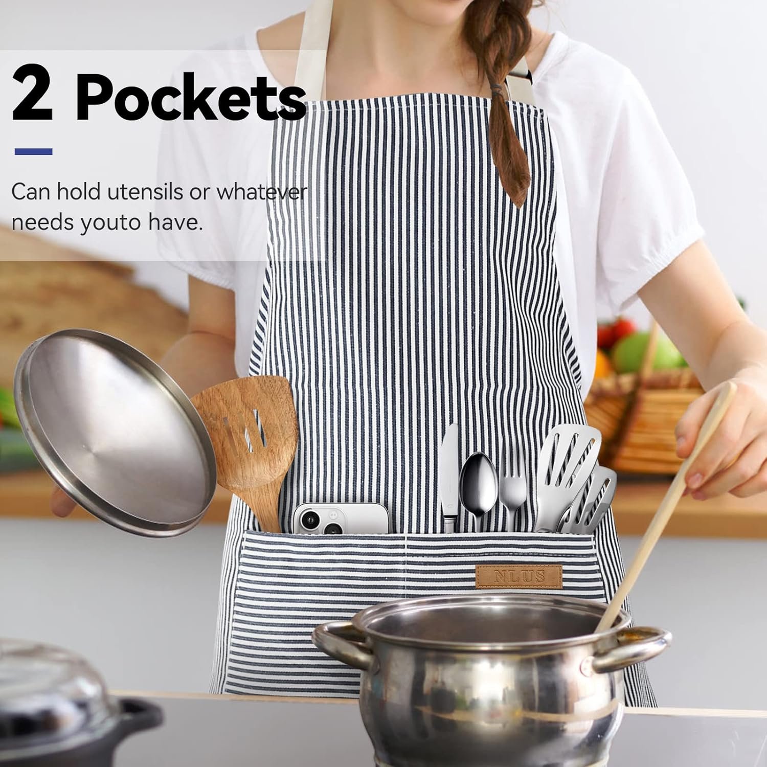 NLUS 2 Pack Cooking Aprons for Women with Pockets, Adjustable Kitchen Bib Aprons Chef Aprons for Women Men(Blue Pinstripes) - Image 6