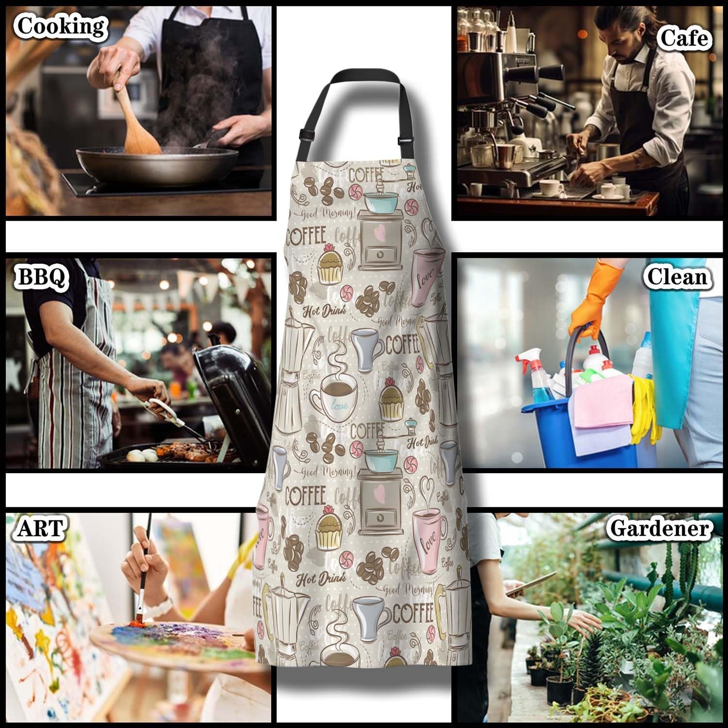 Retro Apron for Women Coffee Set Patterns Mans Aprons for Grilling for Kitchen Cooking Restaurant BBQ Painting Crafting Gardening 27” (W) x 31” (H), Waterproof Aprons - Image 7