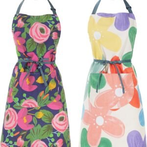 2 Pack Floral Apron for Women with Pockets, Adjustable Cotton Chef Aprons for Kitchen, Cooking, BBQ & Grill