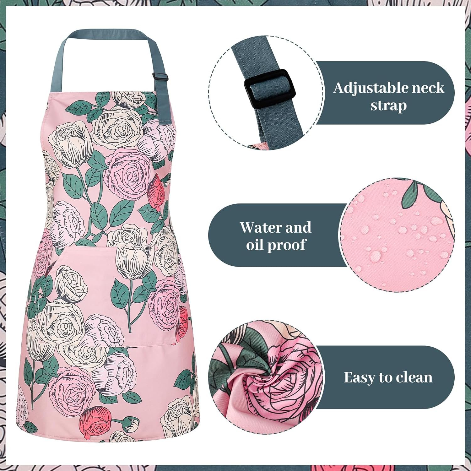 3 Pack Floral Aprons for Women with 2 Pockets, Mother's Day Women Apron Waterproof Adjustable Cooking Aprons for Kitchen, Gardening, Baking, Salon Apron Gift for Mom Wife Sister Grandma - Image 3