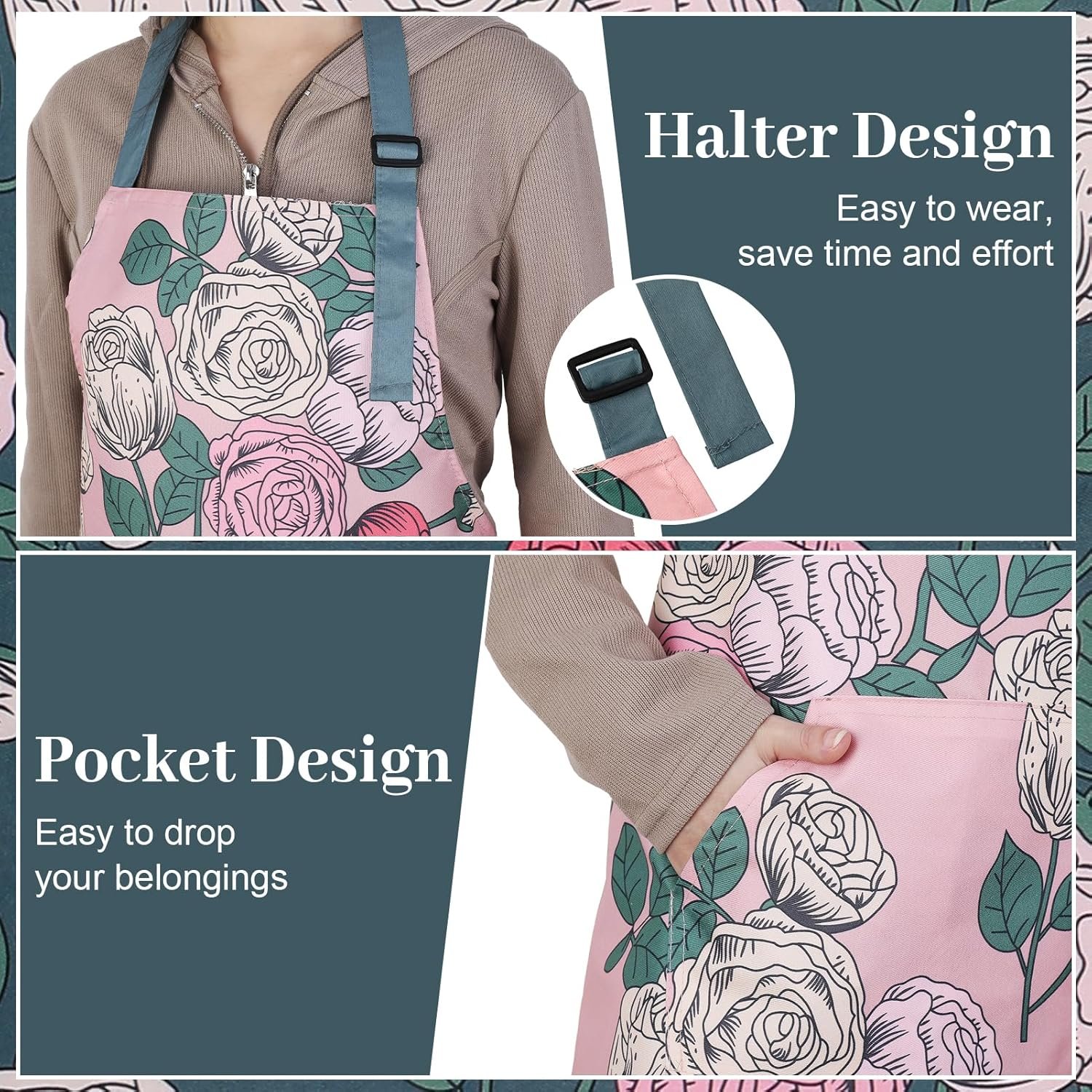 3 Pack Floral Aprons for Women with 2 Pockets, Mother's Day Women Apron Waterproof Adjustable Cooking Aprons for Kitchen, Gardening, Baking, Salon Apron Gift for Mom Wife Sister Grandma - Image 4