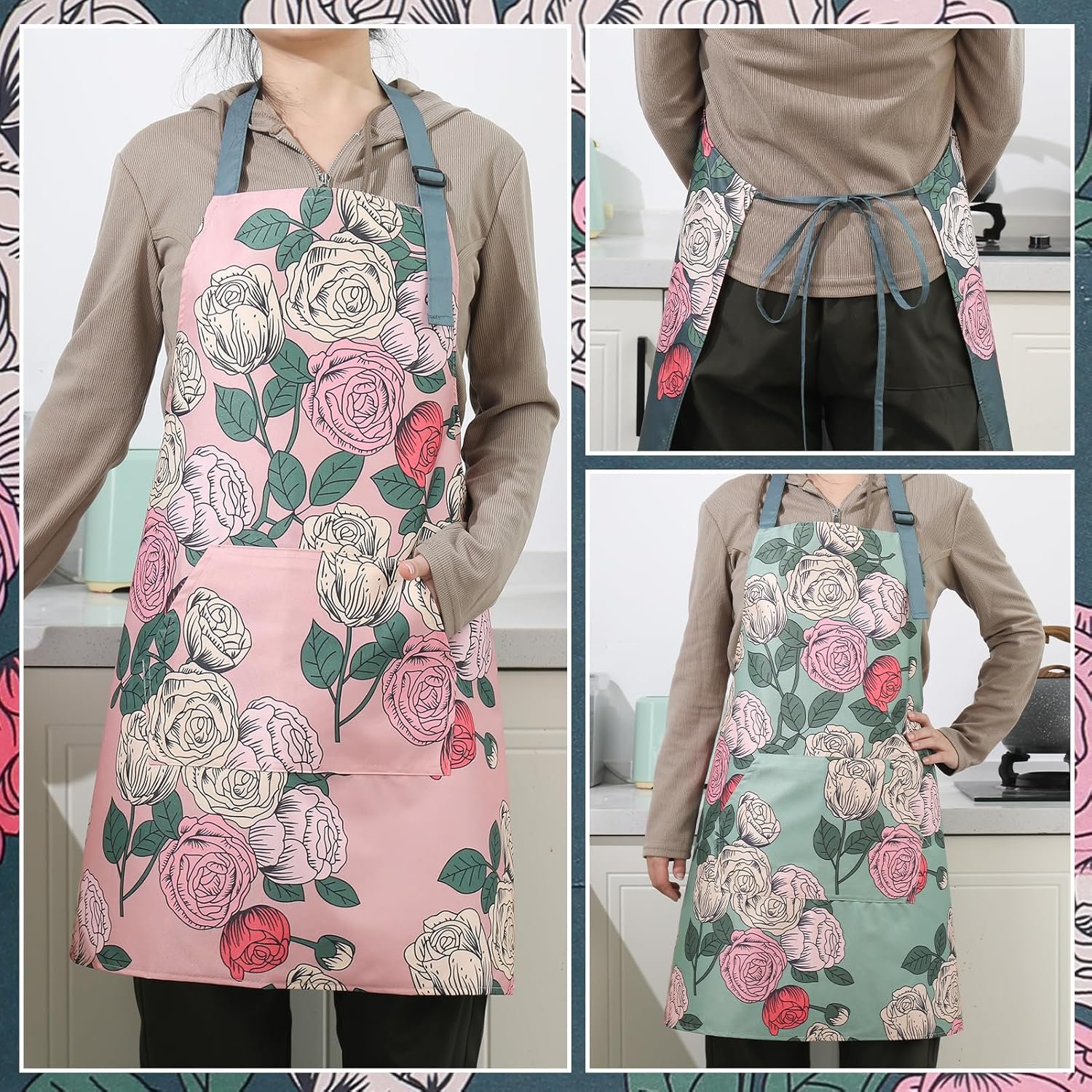 3 Pack Floral Aprons for Women with 2 Pockets, Mother's Day Women Apron Waterproof Adjustable Cooking Aprons for Kitchen, Gardening, Baking, Salon Apron Gift for Mom Wife Sister Grandma - Image 6