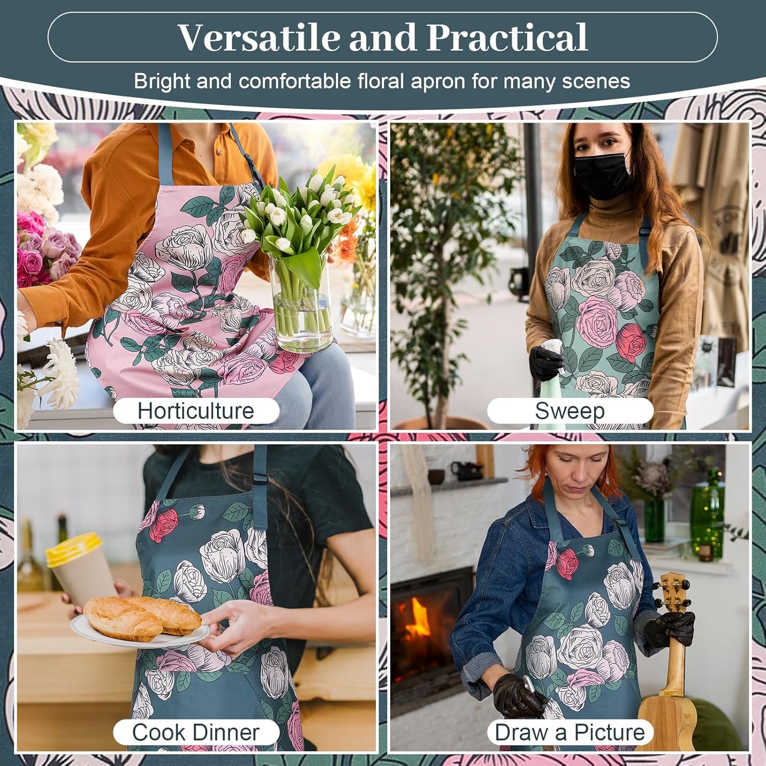 3 Pack Floral Aprons for Women with 2 Pockets, Mother's Day Women Apron Waterproof Adjustable Cooking Aprons for Kitchen, Gardening, Baking, Salon Apron Gift for Mom Wife Sister Grandma - Image 7